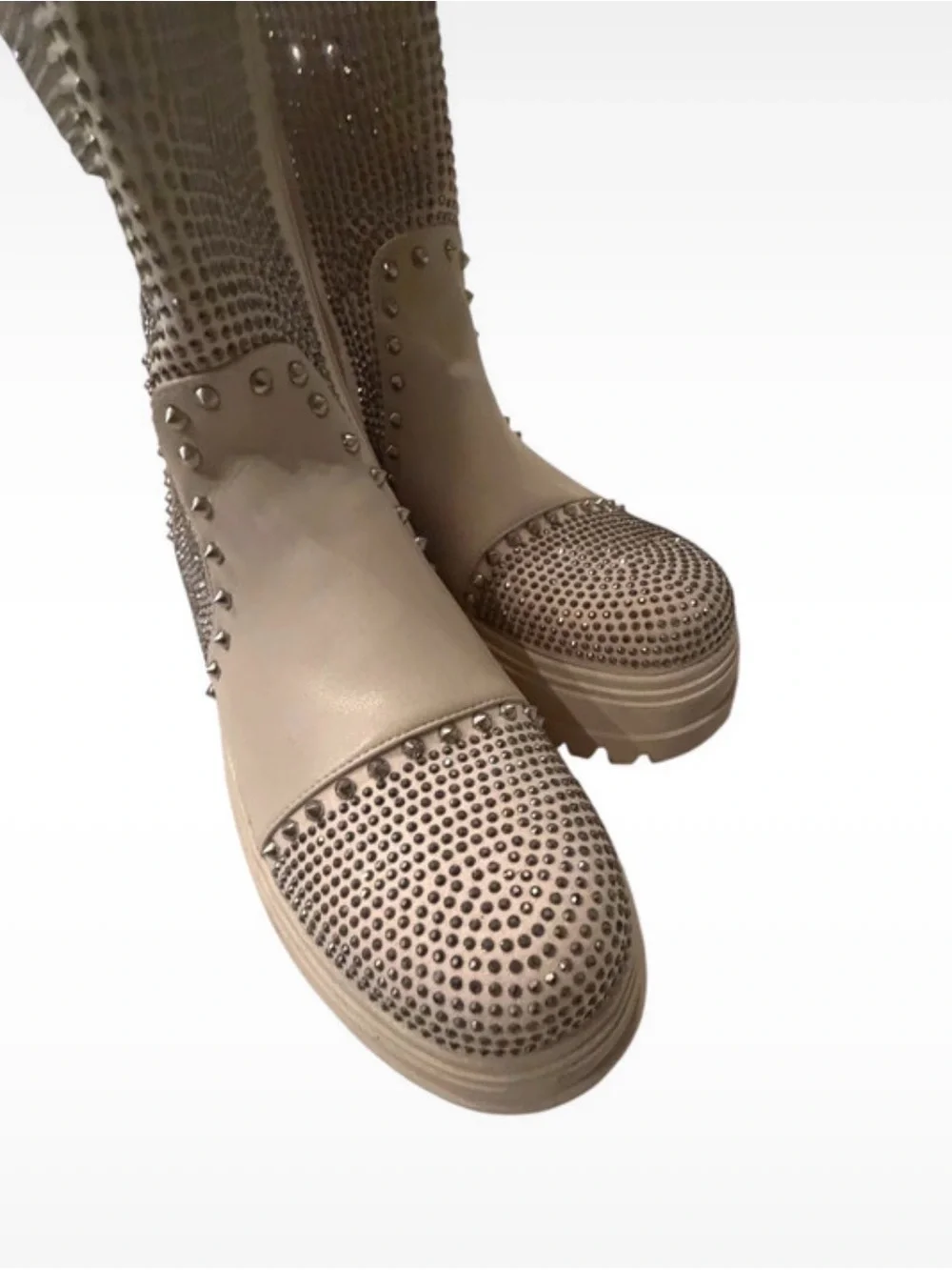 Azalea Wang Beige Rhinestone Studded Platform Boots - Women’s Sz 12